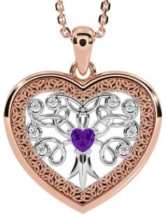 Diamond Amethyst Rose Gold Silver Celtic Tree of Life Trinity Knot Heart Necklace