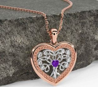 Diamond Amethyst Rose Gold Silver Celtic Tree of Life Trinity Knot Heart Necklace
