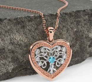Diamond Aquamarine Rose Gold Silver Celtic Tree of Life Trinity Knot Heart Necklace
