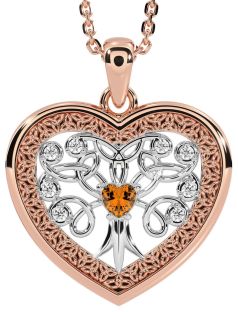 Diamond Citrine Rose Gold Silver Celtic Tree of Life Trinity Knot Heart Necklace