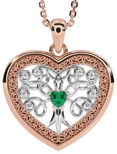 Diamond Emerald Rose Gold Silver Celtic Tree of Life Trinity Knot Heart Necklace