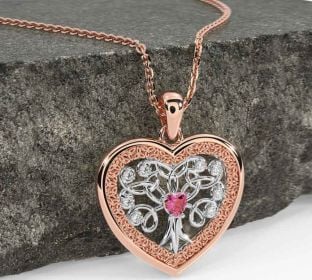 Diamond Pink Tourmaline Rose Gold Silver Celtic Tree of Life Trinity Knot Heart Necklace