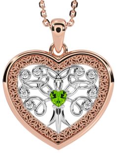 Diamond Peridot Rose Gold Silver Celtic Tree of Life Trinity Knot Heart Necklace