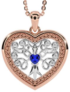 Diamond Sapphire Rose Gold Silver Celtic Tree of Life Trinity Knot Heart Necklace