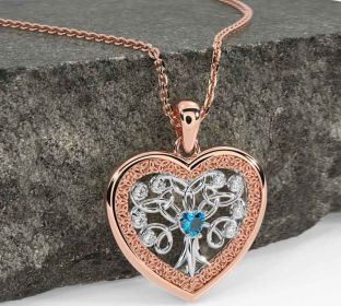 Diamond Topaz Rose Gold Silver Celtic Tree of Life Trinity Knot Heart Necklace