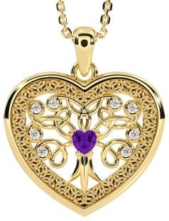 Diamond Amethyst Gold Silver Celtic Tree of Life Trinity Knot Heart Necklace