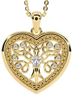 Diamond Gold Silver Celtic Tree of Life Trinity Knot Heart Necklace