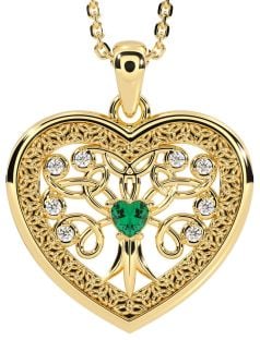 Diamond Emerald Gold Silver Celtic Tree of Life Trinity Knot Heart Necklace