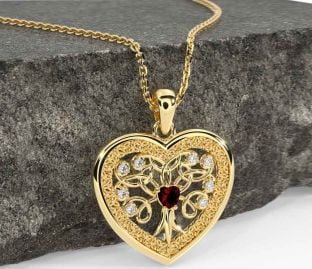Diamond Garnet Gold Silver Celtic Tree of Life Trinity Knot Heart Necklace