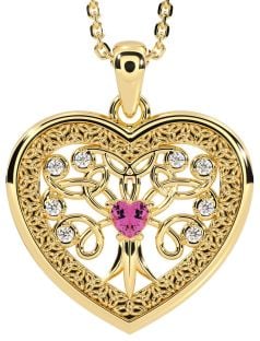 Diamond Pink Tourmaline Gold Silver Celtic Tree of Life Trinity Knot Heart Necklace