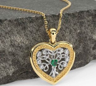 Diamond Emerald Gold Silver Celtic Tree of Life Trinity Knot Heart Necklace