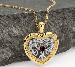 Diamond Garnet Gold Silver Celtic Tree of Life Trinity Knot Heart Necklace