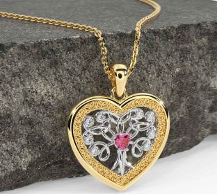 Diamond Pink Tourmaline Gold Silver Celtic Tree of Life Trinity Knot Heart Necklace