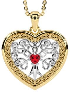 Diamond Ruby Gold Silver Celtic Tree of Life Trinity Knot Heart Necklace