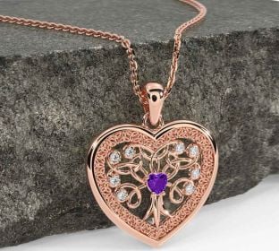 Diamond Amethyst Rose Gold Celtic Tree of Life Trinity Knot Heart Necklace