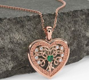 Diamond Emerald Rose Gold Celtic Tree of Life Trinity Knot Heart Necklace