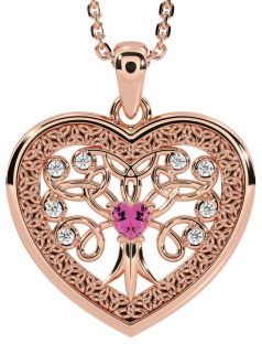 Diamond Pink Tourmaline Rose Gold Celtic Tree of Life Trinity Knot Heart Necklace