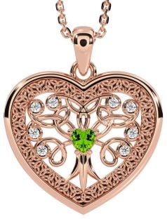 Diamond Peridot Rose Gold Celtic Tree of Life Trinity Knot Heart Necklace