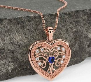Diamond Sapphire Rose Gold Celtic Tree of Life Trinity Knot Heart Necklace