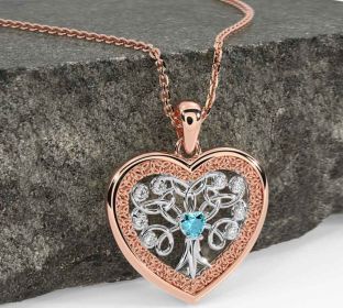 Diamond Aquamarine White Rose Gold Celtic Tree of Life Trinity Knot Heart Necklace