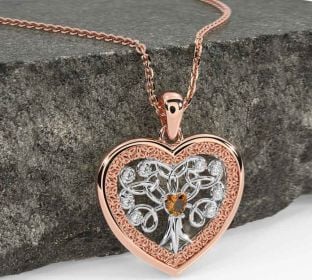 Diamond Citrine White Rose Gold Celtic Tree of Life Trinity Knot Heart Necklace