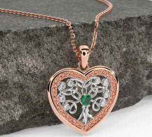 Diamond Emerald White Rose Gold Celtic Tree of Life Trinity Knot Heart Necklace