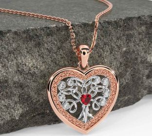 Diamond Ruby White Rose Gold Celtic Tree of Life Trinity Knot Heart Necklace