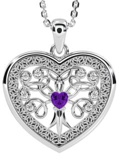 Diamond Amethyst Silver Celtic Tree of Life Trinity Knot Heart Necklace