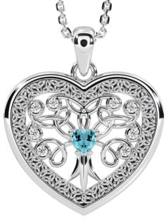 Diamond Aquamarine Silver Celtic Tree of Life Trinity Knot Heart Necklace