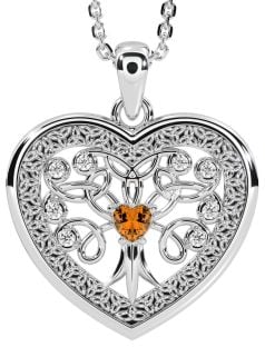 Diamond Citrine Silver Celtic Tree of Life Trinity Knot Heart Necklace