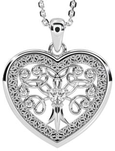 Diamond Silver Celtic Tree of Life Trinity Knot Heart Necklace