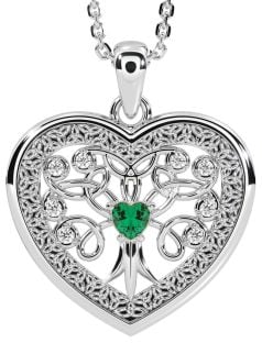 Diamond Emerald Silver Celtic Tree of Life Trinity Knot Heart Necklace