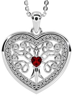 Diamond Garnet Silver Celtic Tree of Life Trinity Knot Heart Necklace