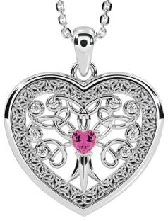 Diamond Pink Tourmaline Silver Celtic Tree of Life Trinity Knot Heart Necklace