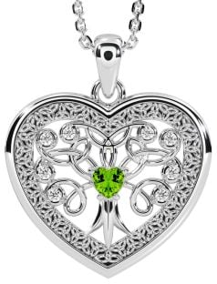 Diamond Peridot Silver Celtic Tree of Life Trinity Knot Heart Necklace