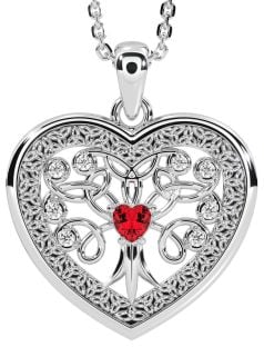 Diamond Ruby Silver Celtic Tree of Life Trinity Knot Heart Necklace