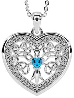 Diamond Topaz Silver Celtic Tree of Life Trinity Knot Heart Necklace