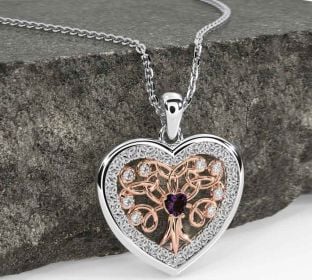 Diamond Alexandrite Rose Gold Silver Celtic Tree of Life Trinity Knot Heart Necklace