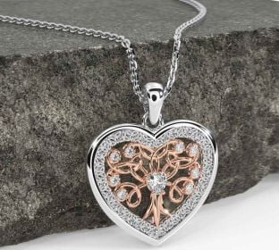Diamond Rose Gold Silver Celtic Tree of Life Trinity Knot Heart Necklace