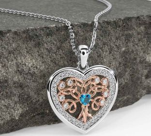 Diamond Topaz Rose Gold Silver Celtic Tree of Life Trinity Knot Heart Necklace