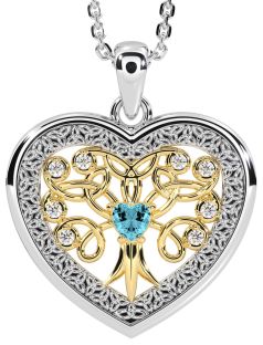 Diamond Aquamarine Gold Silver Celtic Tree of Life Trinity Knot Heart Necklace