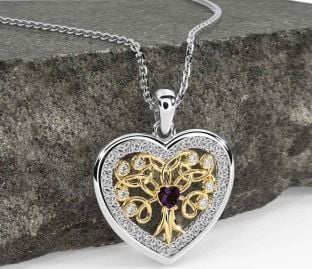 Diamond Alexandrite Gold Silver Celtic Tree of Life Trinity Knot Heart Necklace