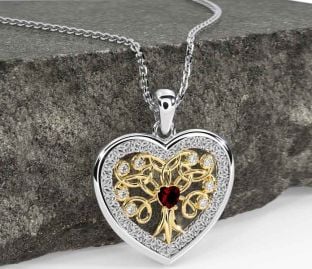 Diamante Granate Oro Plata céltico Árbol de Vida Trinidad Nudo Corazón Collar