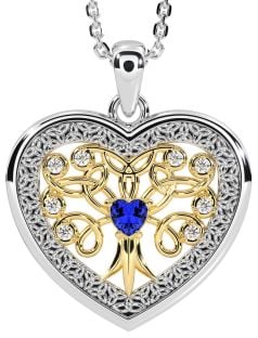 Diamond Sapphire Gold Silver Celtic Tree of Life Trinity Knot Heart Necklace