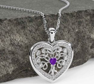 Diamond Amethyst White Gold Celtic Tree of Life Trinity Knot Heart Necklace