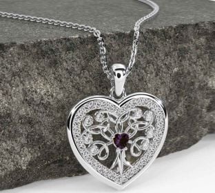 Diamond Alexandrite White Gold Celtic Tree of Life Trinity Knot Heart Necklace