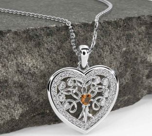Diamond Citrine White Gold Celtic Tree of Life Trinity Knot Heart Necklace