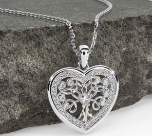 Diamond White Gold Celtic Tree of Life Trinity Knot Heart Necklace