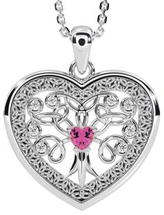 Diamond Pink Tourmaline White Gold Celtic Tree of Life Trinity Knot Heart Necklace