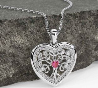 Diamond Pink Tourmaline White Gold Celtic Tree of Life Trinity Knot Heart Necklace